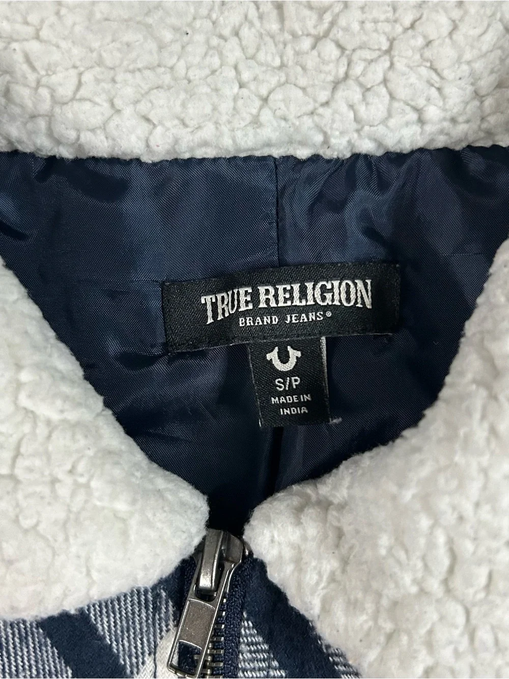 Y2K True Religion Navy & White Plaid Sherpa Collar Jacket
